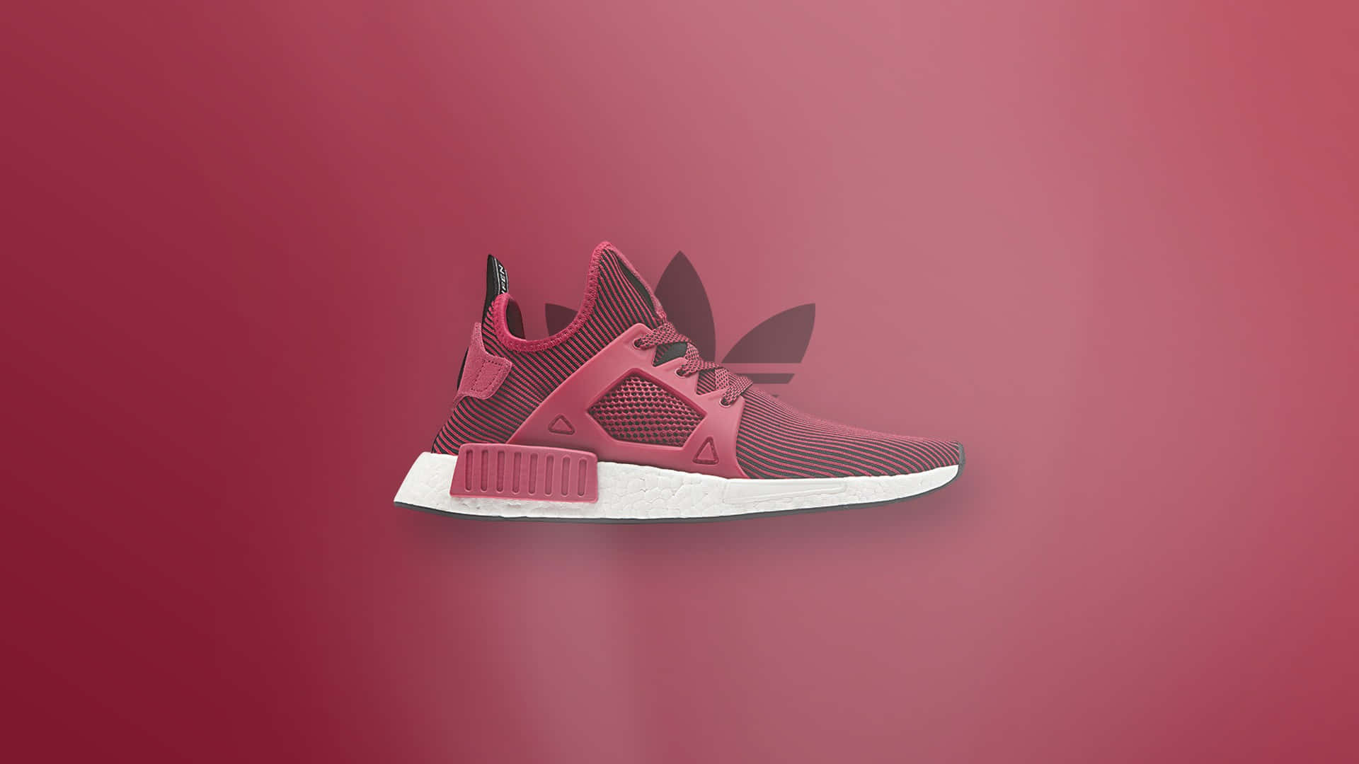 Pink Shoes 桌布 壁紙 — 一雙時尚的粉紅色Adidas運動鞋搭配白色鞋底，在漸層棗紅色背景上漂浮。