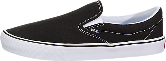 Vans 桌布 壁紙 — 一雙時尚的黑色Vans懶人運動鞋，帶有白色縫線和鞋底，置於潔白背景前。
