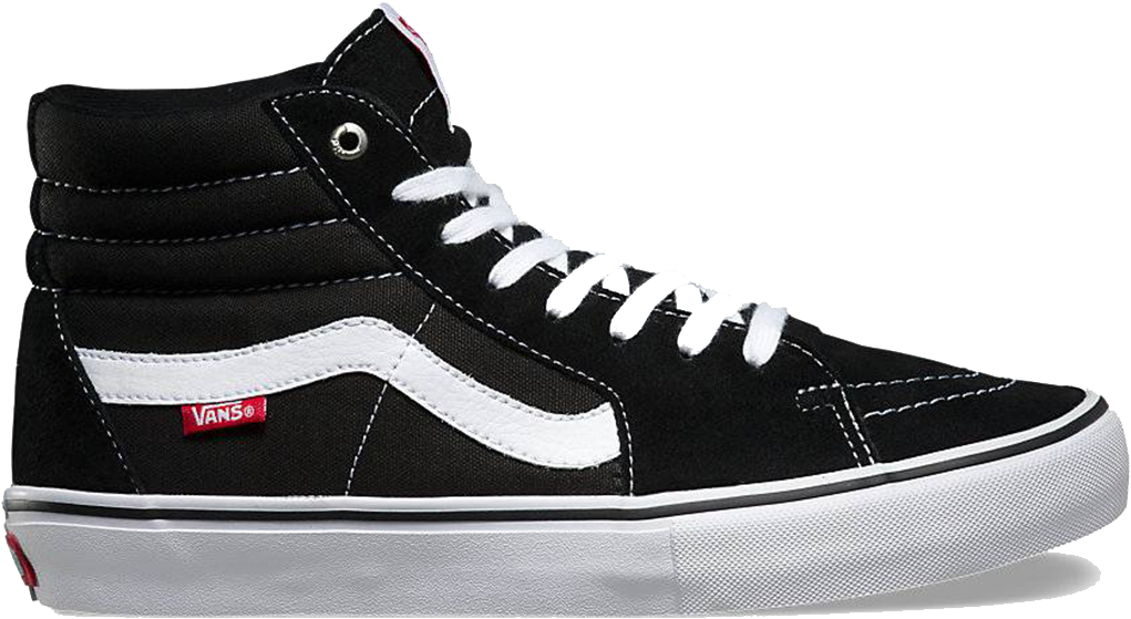 Vans 桌布 壁紙 — 一雙時尚的黑色Vans高筒運動鞋，配有白色鞋帶和標誌性側條紋，背景為純黑色。