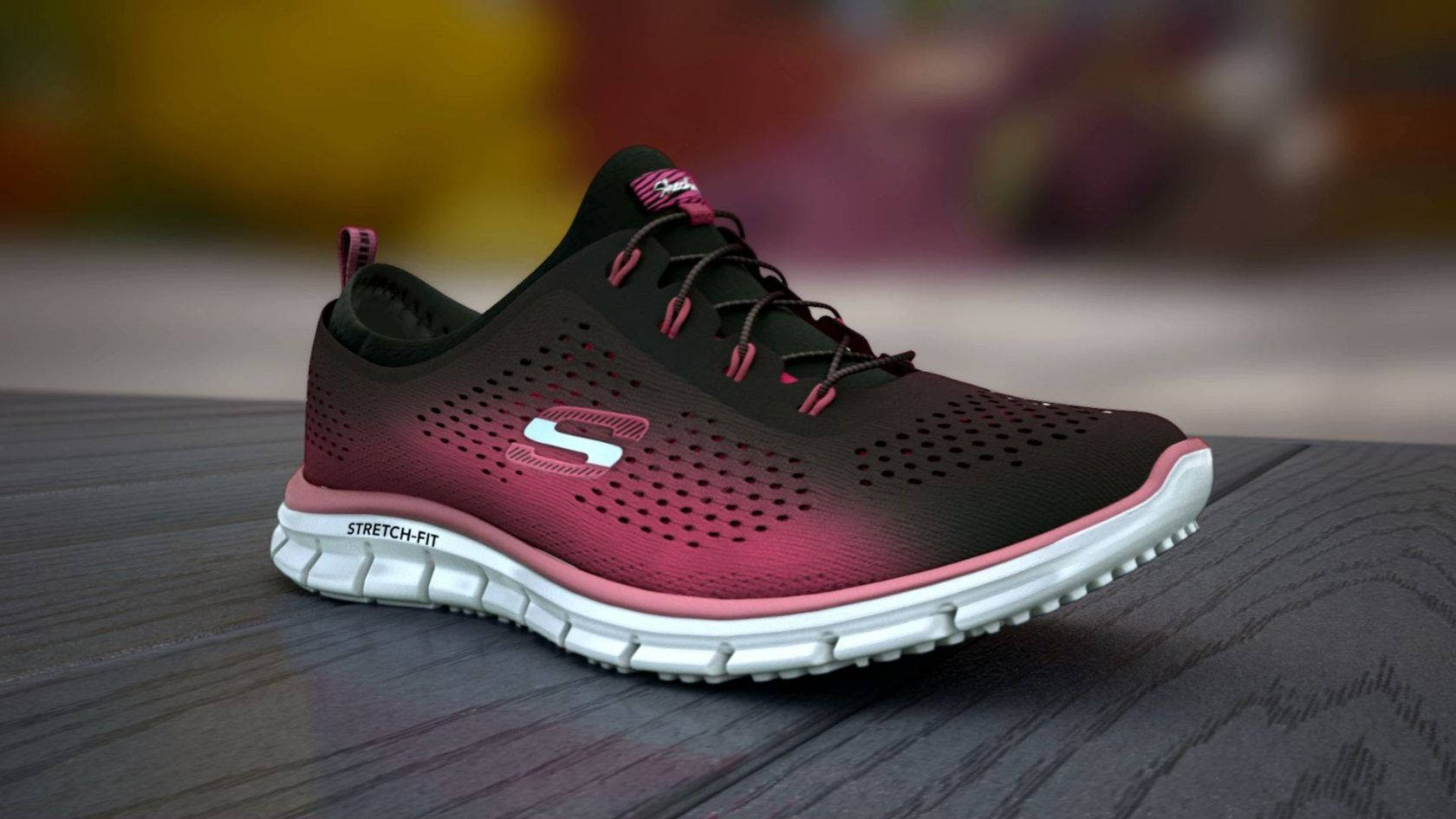 Skechers 桌布 壁紙 — 一雙時尚的黑色和粉紅色運動鞋，帶有穿孔網眼和白色鞋底，放置在深色木質表面上。