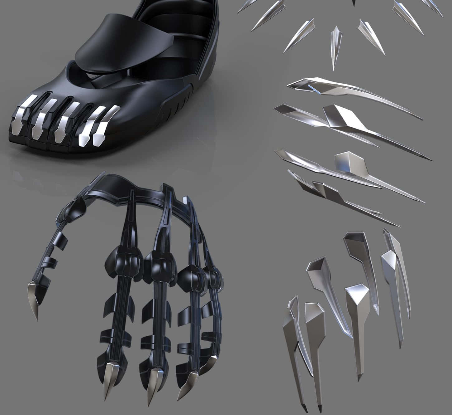 Panther Claws 桌布 壁紙 — 一雙時尚的黑色未來感鞋子，配有可伸縮的銀色爪子及相配的裝甲護手，展示在灰色中性背景上。