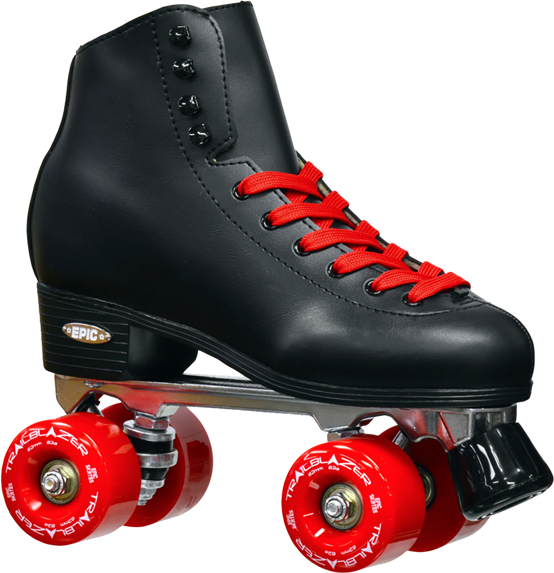 Shoe 桌布 壁紙 — 一雙時尚的黑色直排輪鞋，配有醒目的紅色鞋帶和鮮豔的紅色輪子，孤立在純白色背景上。