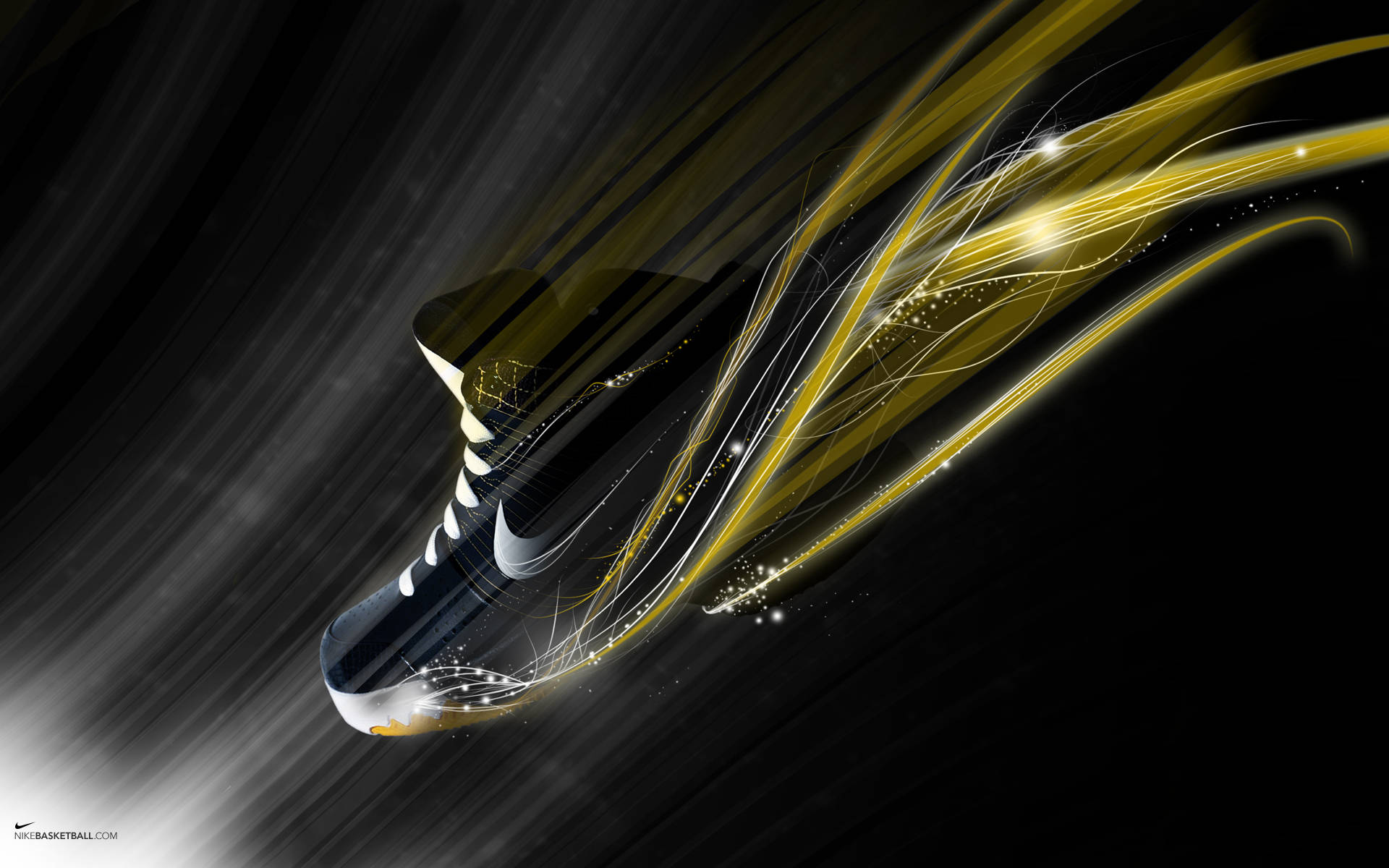 Nike 桌布 壁紙 — 一雙時尚的黑色籃球鞋在黑暗中疾馳，周圍環繞著發光的金色能量軌跡。
