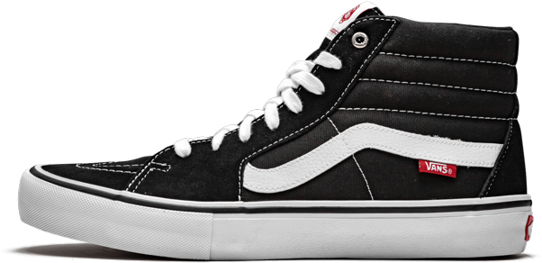 Vans 桌布 壁紙 — 一雙時尚的黑色高筒Vans運動鞋，配有白色鞋帶和標誌性側條紋，在純黑色背景上脫穎而出。
