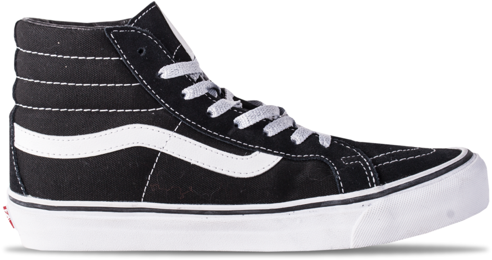 Vans 桌布 壁紙 — 一雙時尚的黑色高筒運動鞋，帶有白色縫線和標誌性側條紋，襯托在純黑背景上。