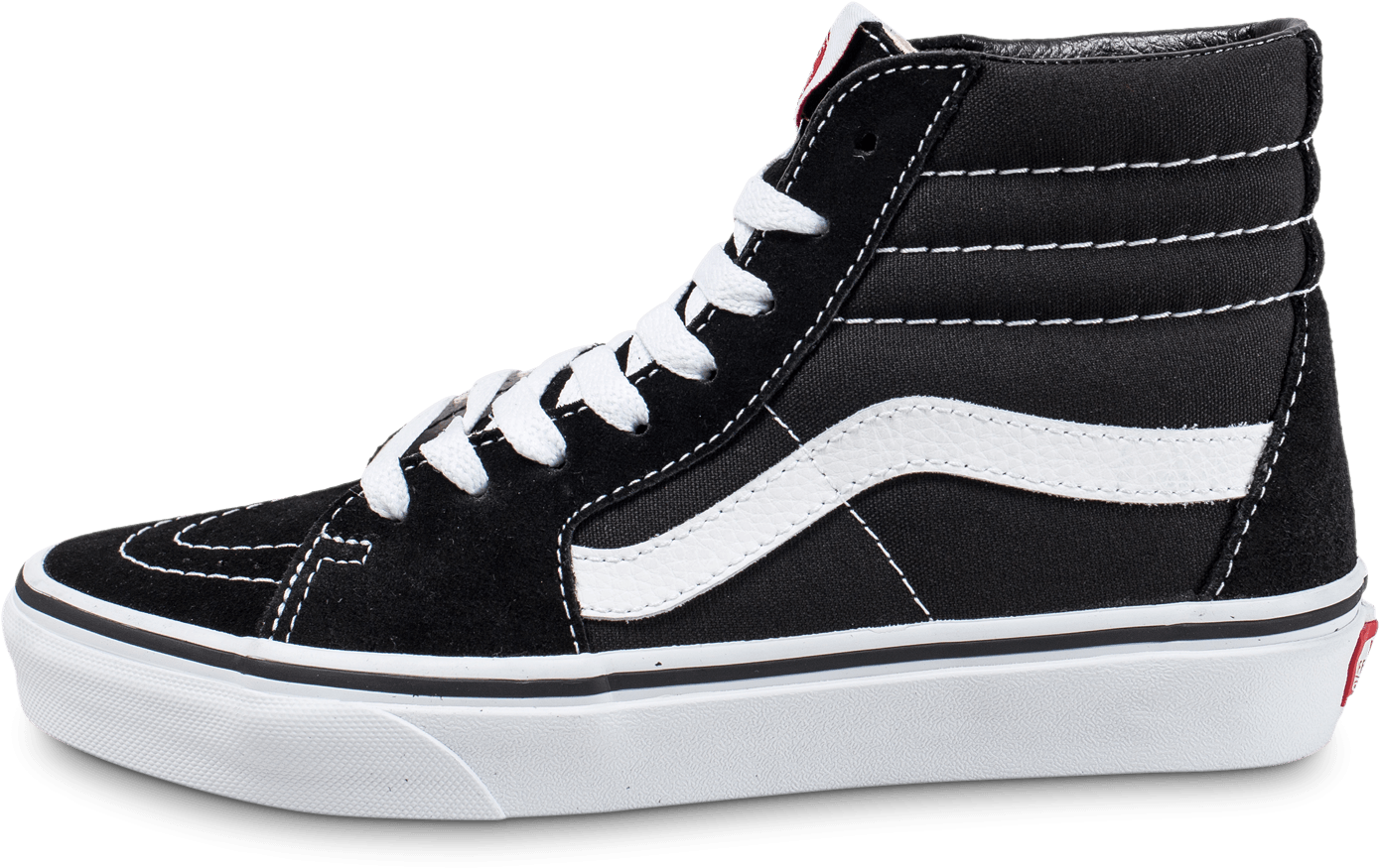 Vans 桌布 壁紙 — 一雙時尚的黑色高筒運動鞋，配有白色鞋帶和標誌性側條紋，在純黑色背景下脫穎而出。