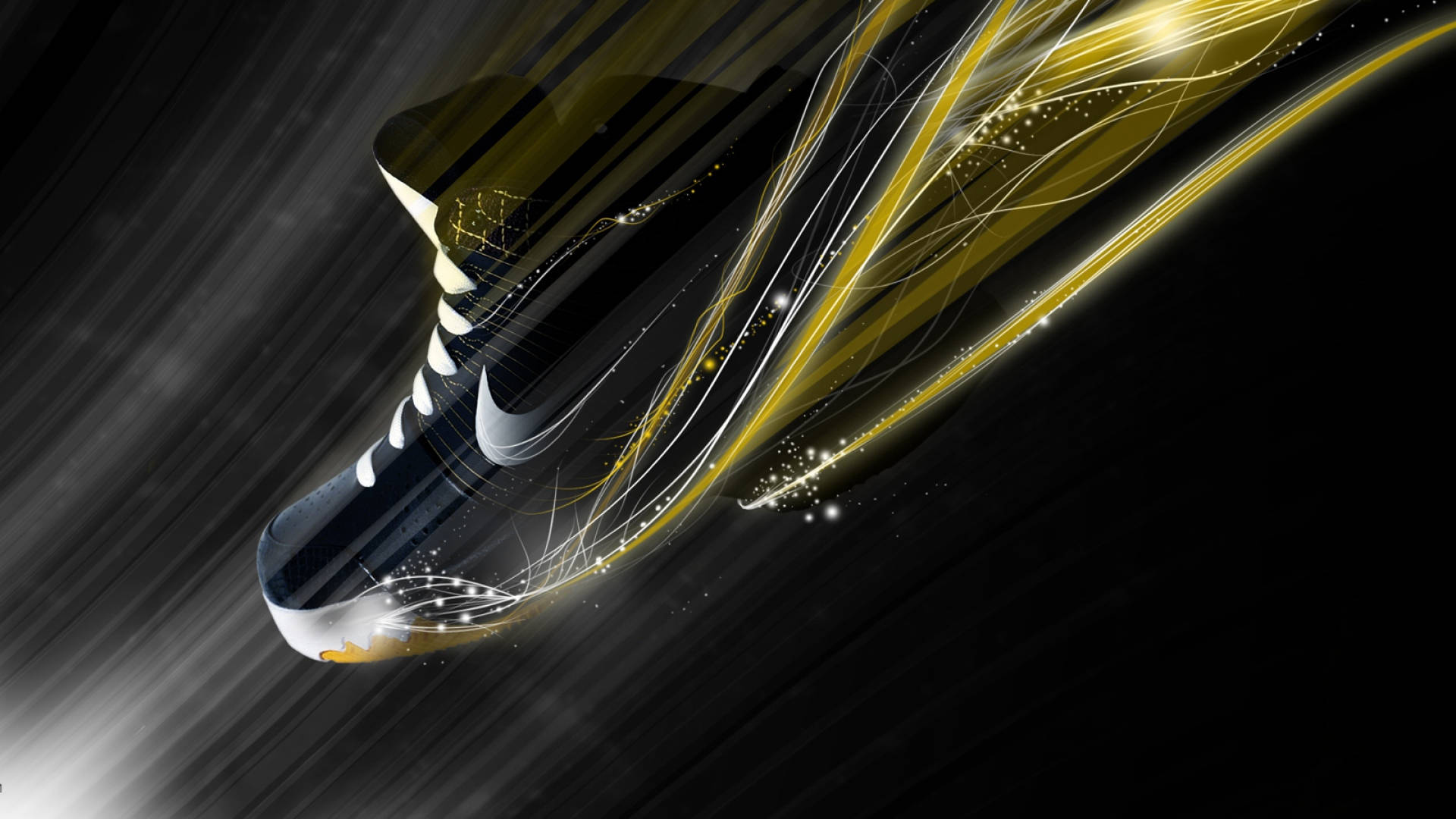 Nike iPhone 桌布 壁紙 — 一雙時尚的黑金Nike運動鞋在黑暗背景上劃過動態軌跡。