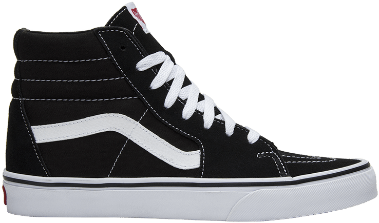 Vans 桌布 壁紙 — 一雙時尚黑色高筒運動鞋，搭配白色鞋帶和標誌性側邊條紋，襯托在純黑背景上。