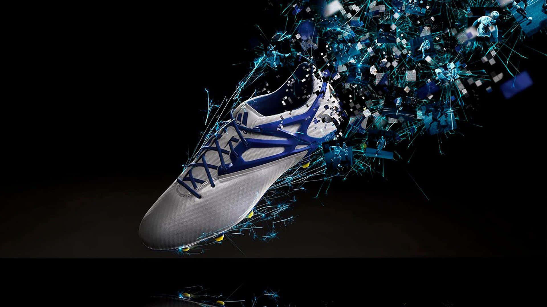 Footwear Design 桌布 壁紙 — 一雙未來風格的足球鞋在黑色背景上爆裂成藍色數位碎片。