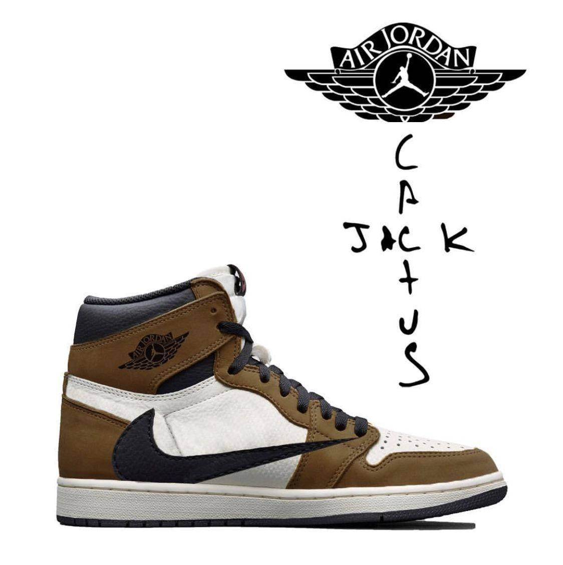 Air Jordan 1 Cactus Jack 運動鞋，棕色、白色和黑色，帶有標誌。 — 鞋子 GIF 壁紙