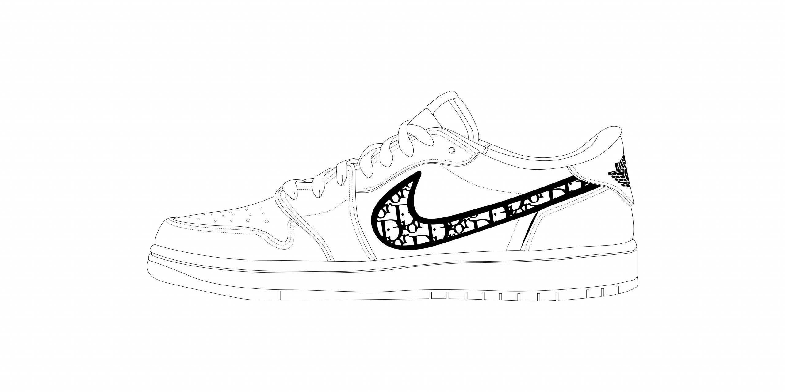 Sneaker 桌布 壁紙 — 一雙極簡線條藝術運動鞋，白色背景上有一個黑色Swoosh，內部充滿精細圖案。