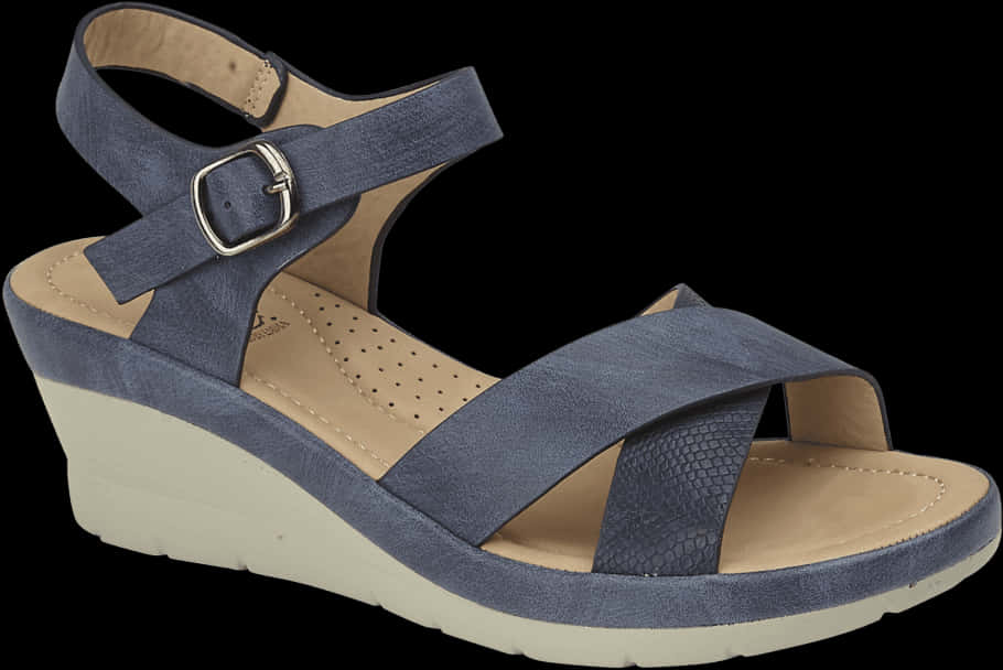 Sandals 桌布 壁紙 — 一雙海軍藍色麂皮楔形涼鞋，帶有腳踝帶和扣環，背景為黑色。