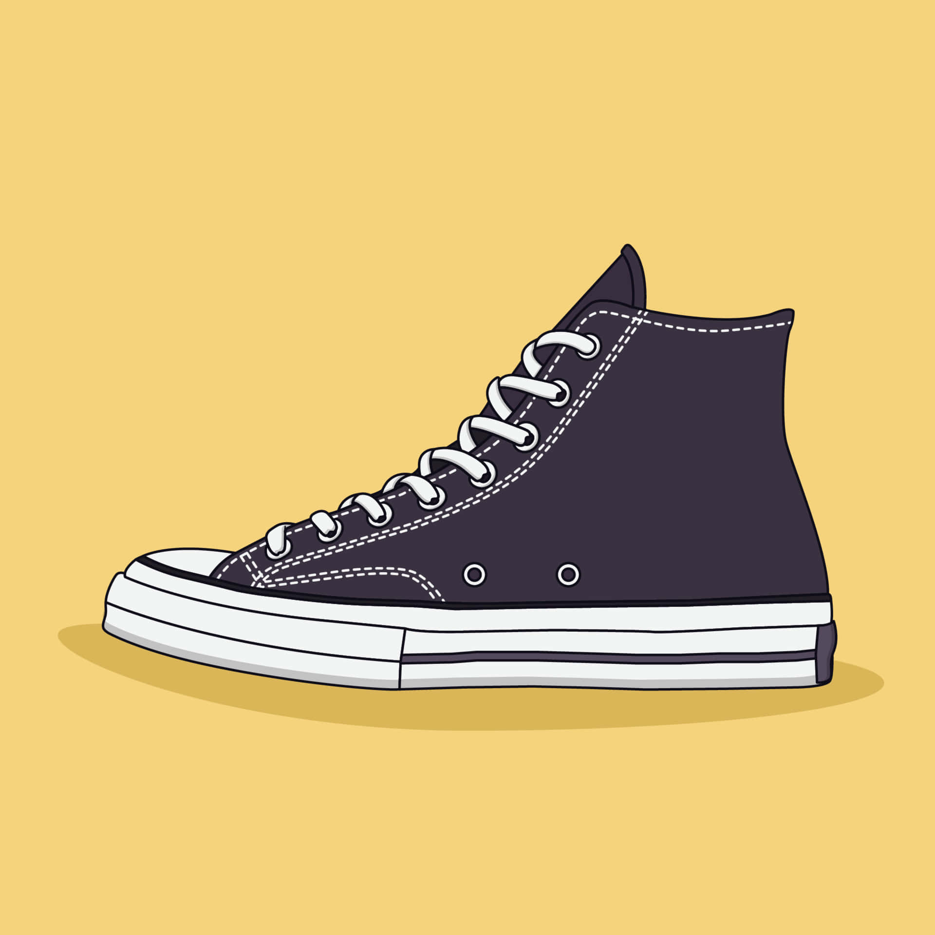 Sneaker 桌布 壁紙 — 一雙深紫色高筒運動鞋，配有白色鞋帶和鞋底，獨自站立在純芥末黃色背景前。