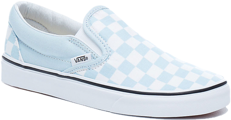 Vans 桌布 壁紙 — 一雙淺藍色和白色棋盤格Vans slip-on運動鞋，白色鞋底和黑色飾邊，在工作室燈光下展示。