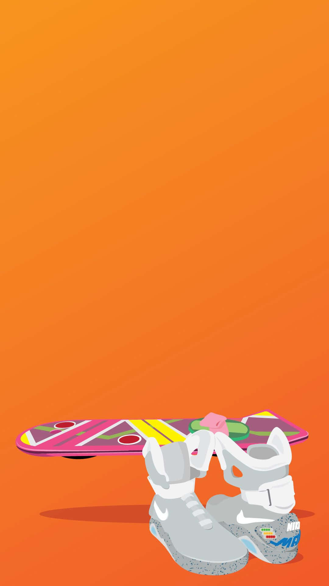 dope iPhone 桌布 壁紙 — 一雙灰色Nike Air Mag運動鞋和一個彩色懸浮滑板放在橙色漸層背景上。