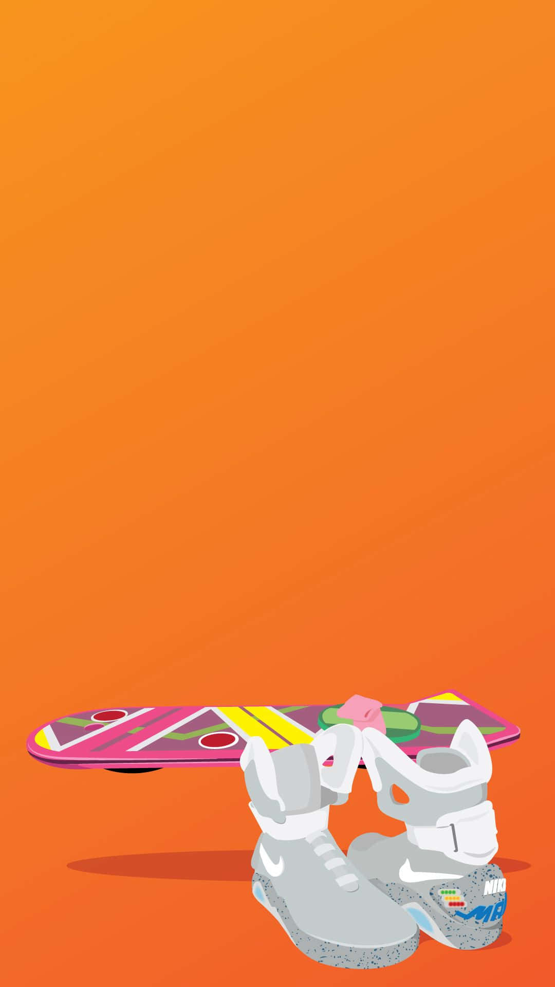 潮流玩家 桌布 壁紙 — 一雙灰色Nike Air Mag運動鞋，後面有一個彩色懸浮滑板，背景為純橙色。
