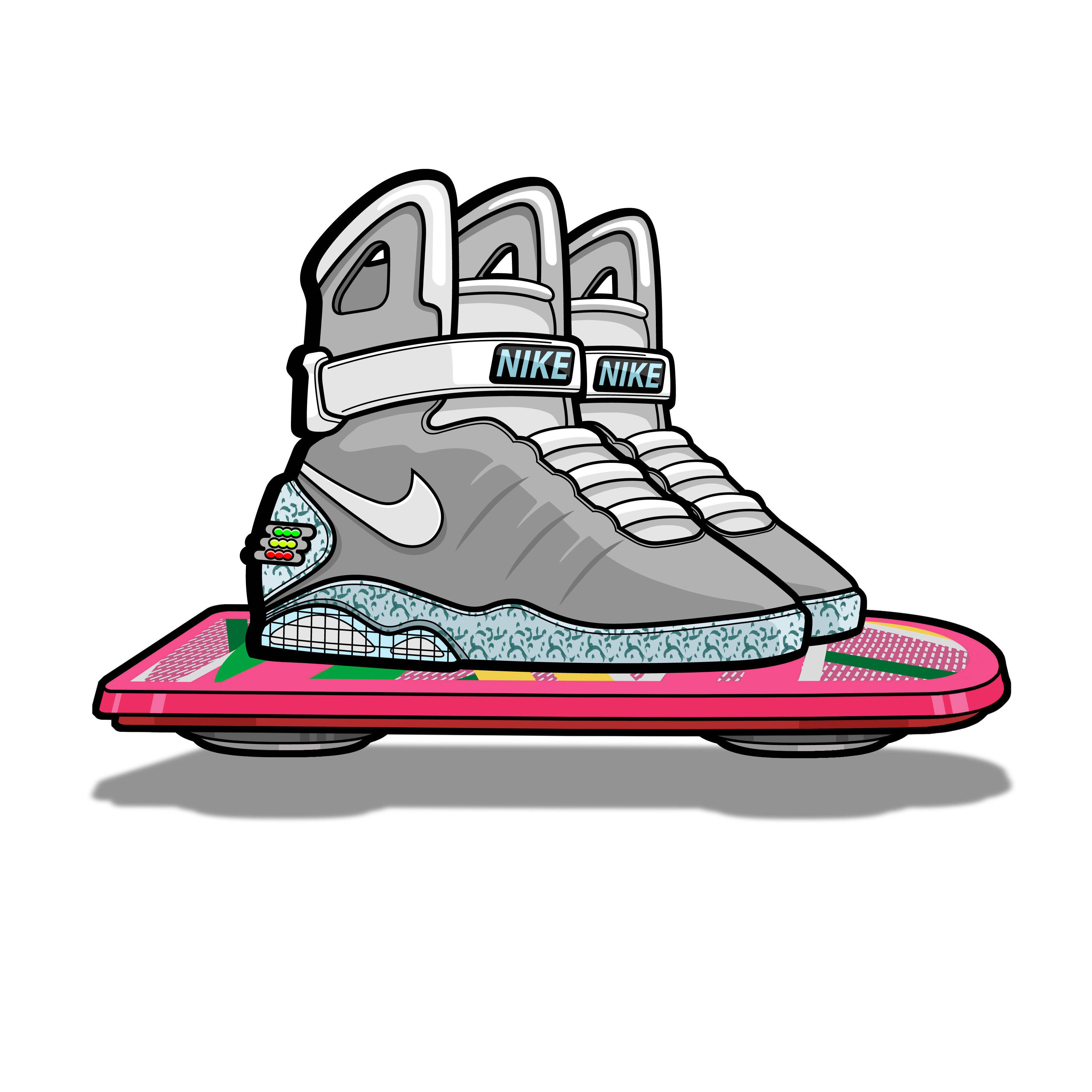卡通鞋子 桌布 壁紙 — 一雙灰色Nike懸浮滑板運動鞋帶有彩色點綴，放在白色背景的粉紅色懸浮滑板上。