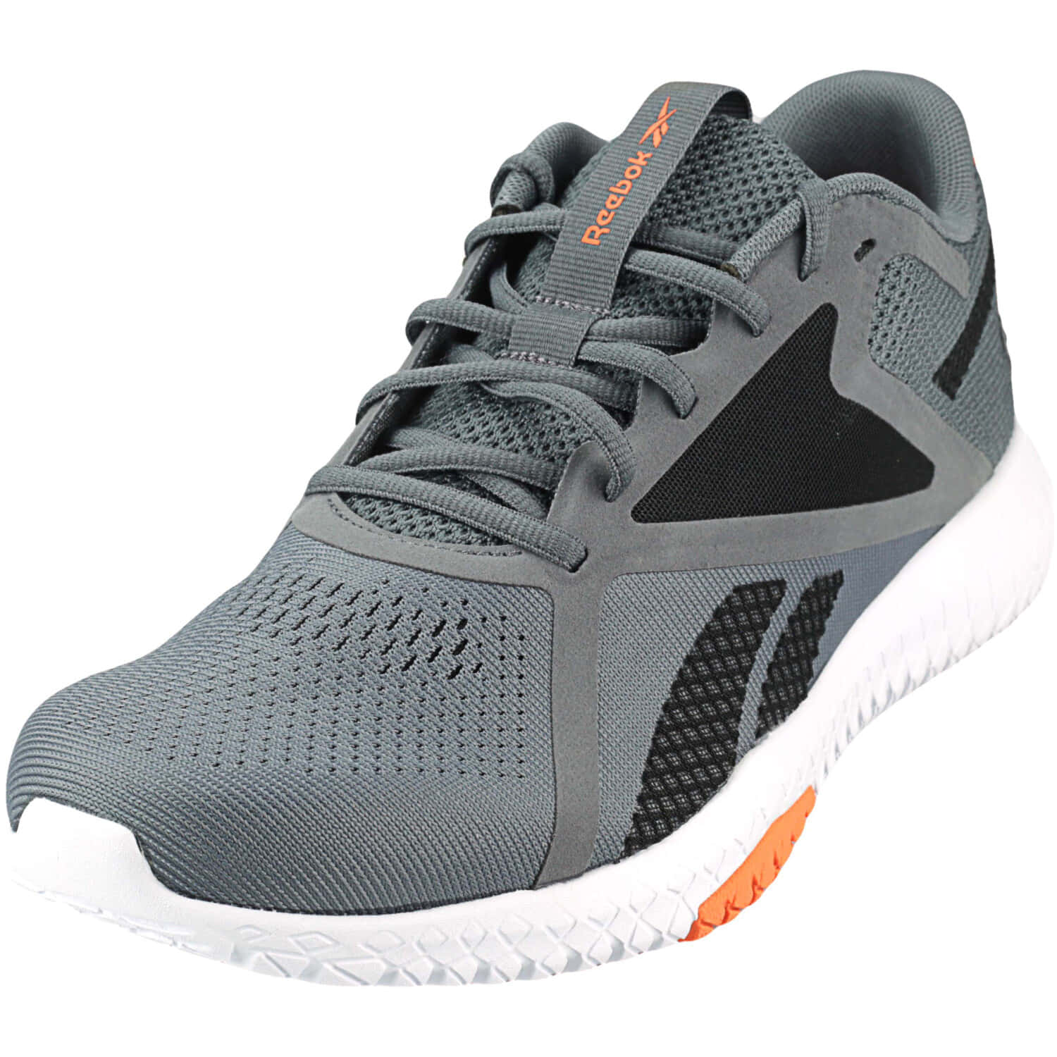 Reebok 桌布 壁紙 — 一雙灰色Reebok訓練鞋，帶有黑色點綴和橙色細節，在工作室燈光下展示。