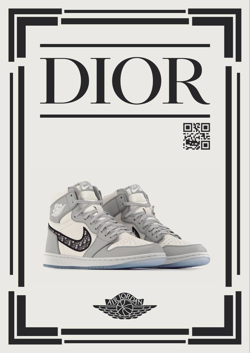 Nike Shoes 桌布 壁紙 — 一雙灰色和白色的Dior x Air Jordan 1運動鞋展示在帶有QR碼的裝飾藝術風格框架廣告中。
