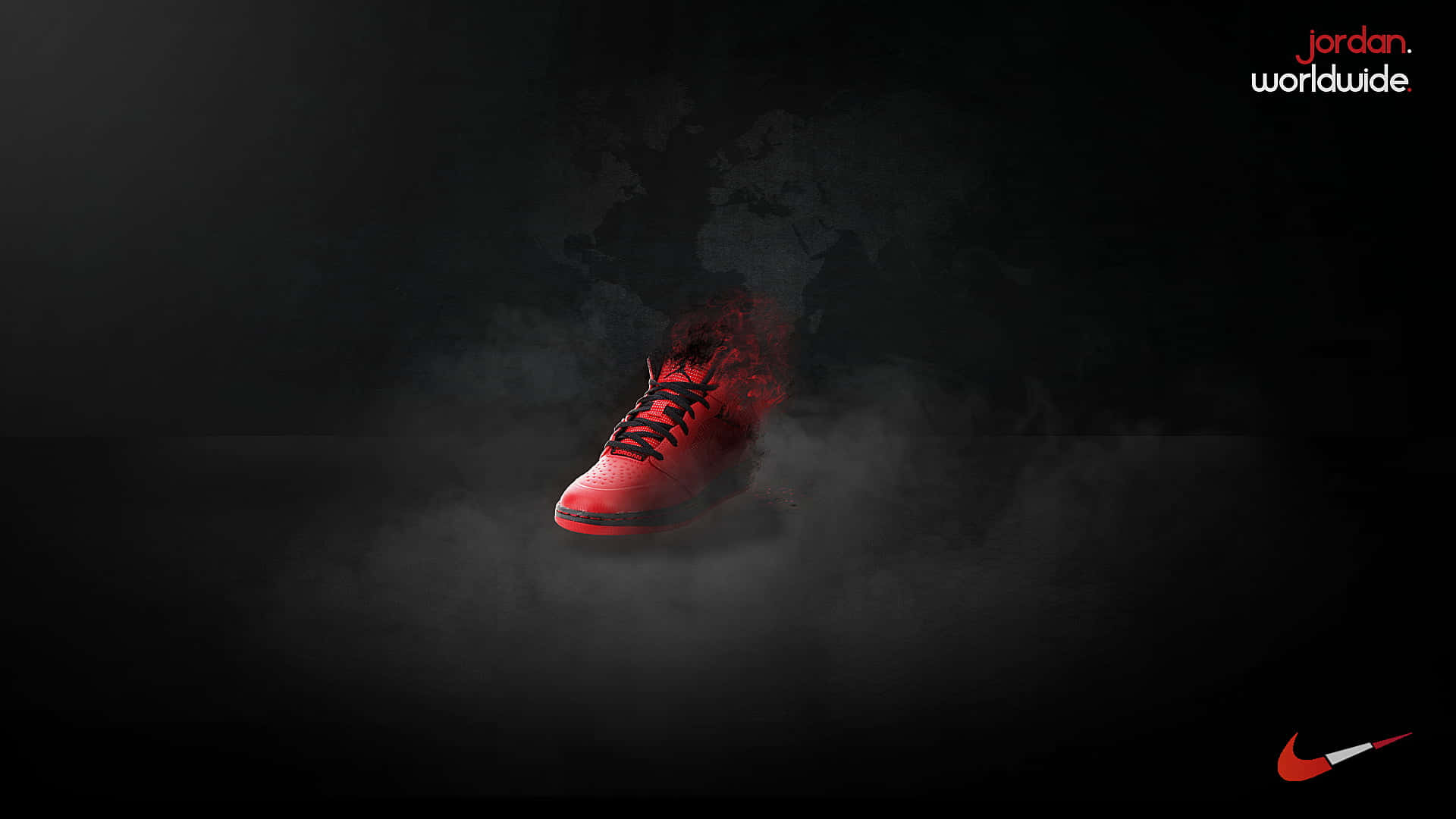 Dope Jordan 桌布 壁紙 — 一雙發光的紅色Jordan運動鞋從黑煙中浮現，背景為黑色並帶有模糊的世界地圖紋理。
