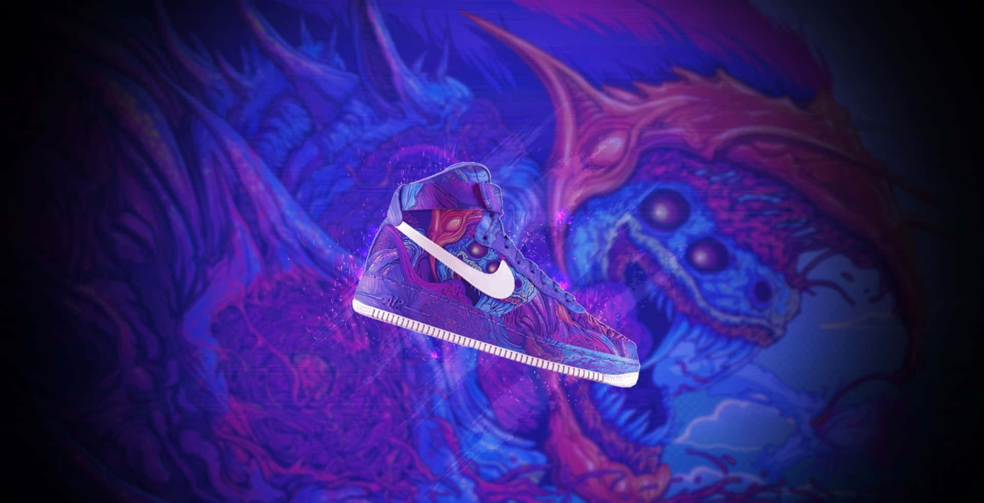 鞋子 桌布 壁紙 — 一雙發光的紫色Nike運動鞋漂浮在超現實的宇宙龍背景下，呈現電光藍和紫色。