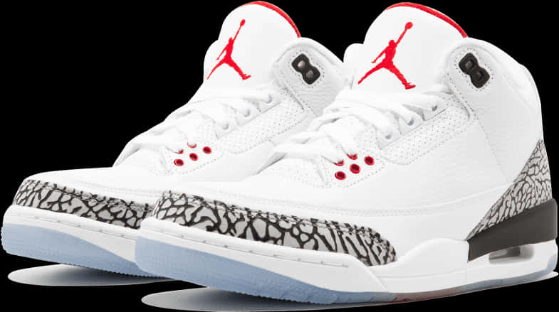 邁克爾·喬丹 桌布 壁紙 — 一雙白色 Air Jordan 3 運動鞋，帶有紅色點綴和黑色大象印花鞋頭，背景為黑色。