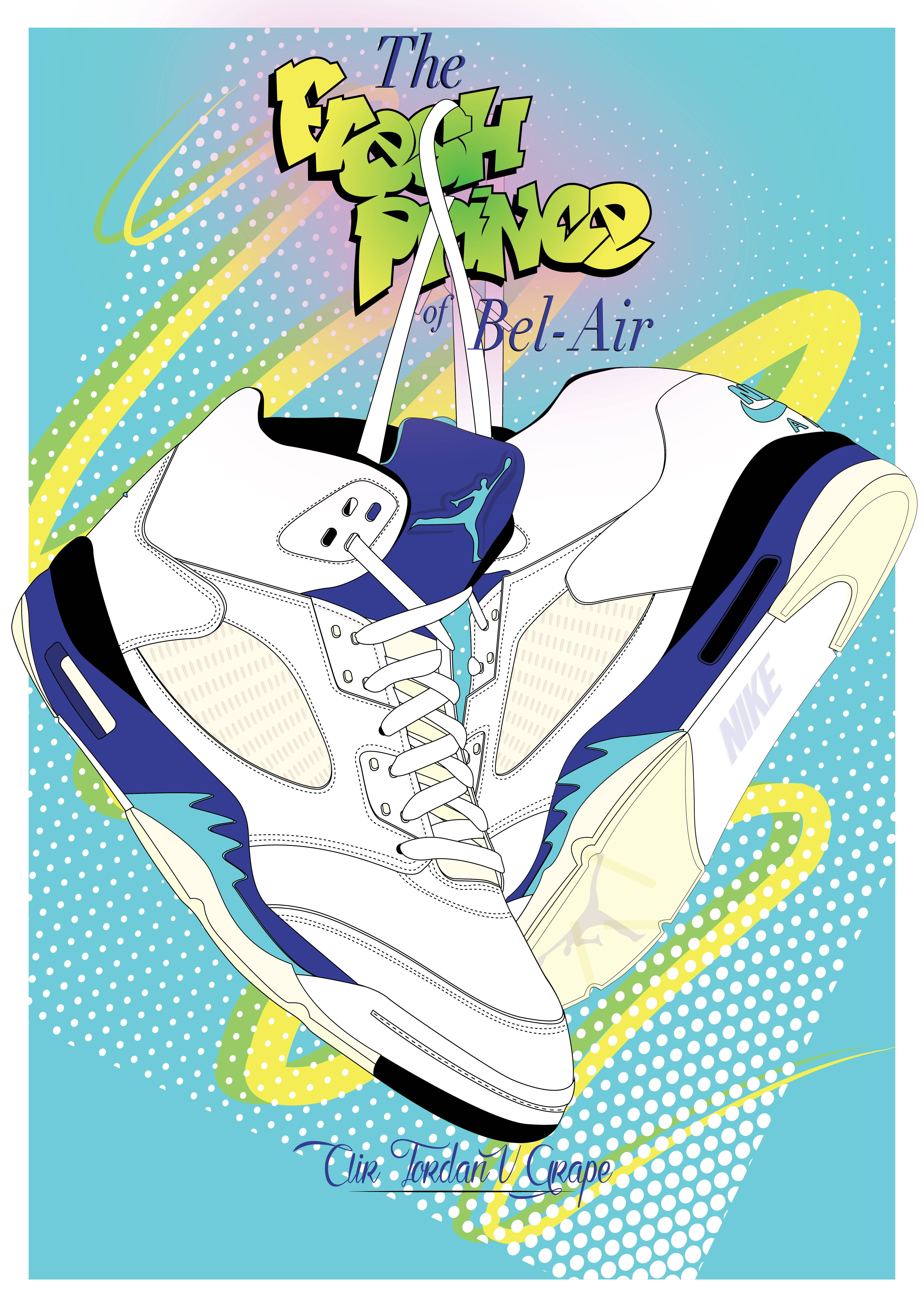 fresh prince 桌布 壁紙 — 一雙白色、藍色和藍綠色的Nike Air Jordan 5運動鞋漂浮在充滿活力的復古普普藝術背景上，帶有'The Fresh Prince of Bel-Air'文字。
