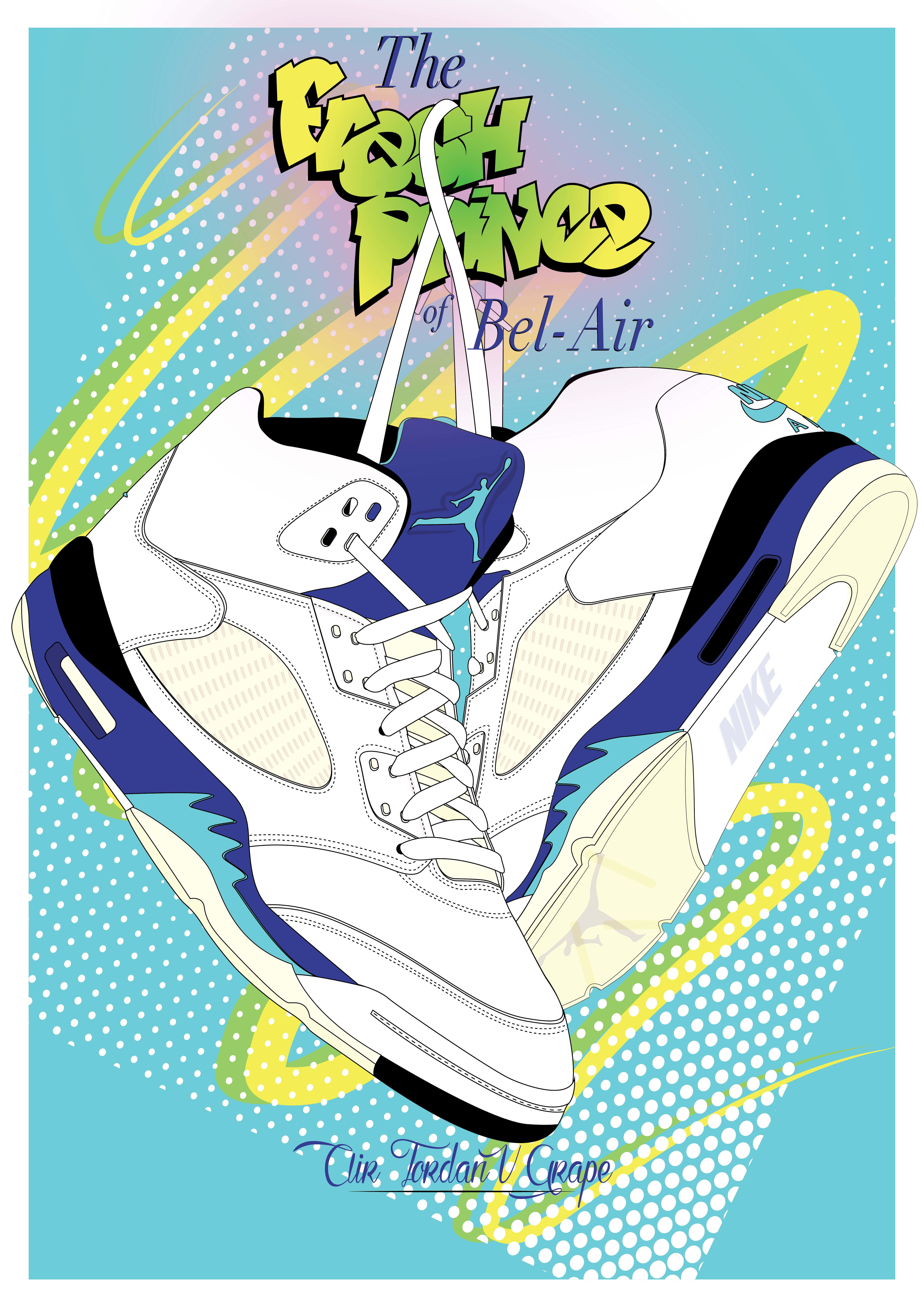 fresh prince 桌布 壁紙 — 一雙白色、藍色和青綠色的 Air Jordan 5 Grape 運動鞋漂浮在充滿活力的復古普普藝術背景上，帶有粗體文字。