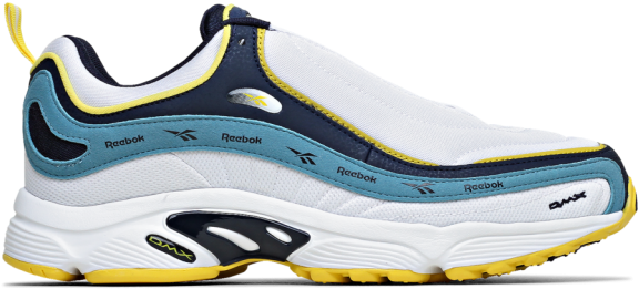 銳步 桌布 壁紙 — 一雙白色、藍色和黃色的 Reebok DMX 運動鞋，帶有醒目品牌標誌和厚底，置於黑色背景前。
