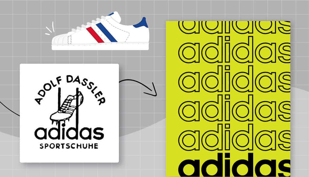 愛迪達 桌布 壁紙 — 一雙白色Adidas運動鞋，帶有紅藍條紋，上方是顯示Adolf Dassler和鞋子輪廓的標誌，過渡到黃色背景，帶有重複的Adidas文字。