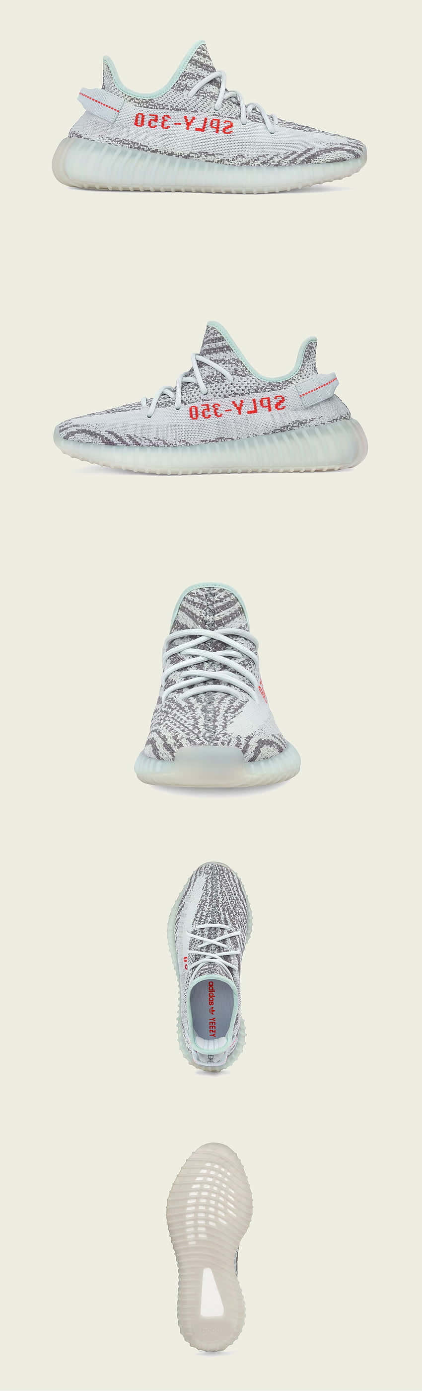 Yeezy 桌布 壁紙 — 一雙白色和灰色編織運動鞋，帶有紅色 'SPLY-350' 品牌標誌，從五個角度展示在淺米色背景上。