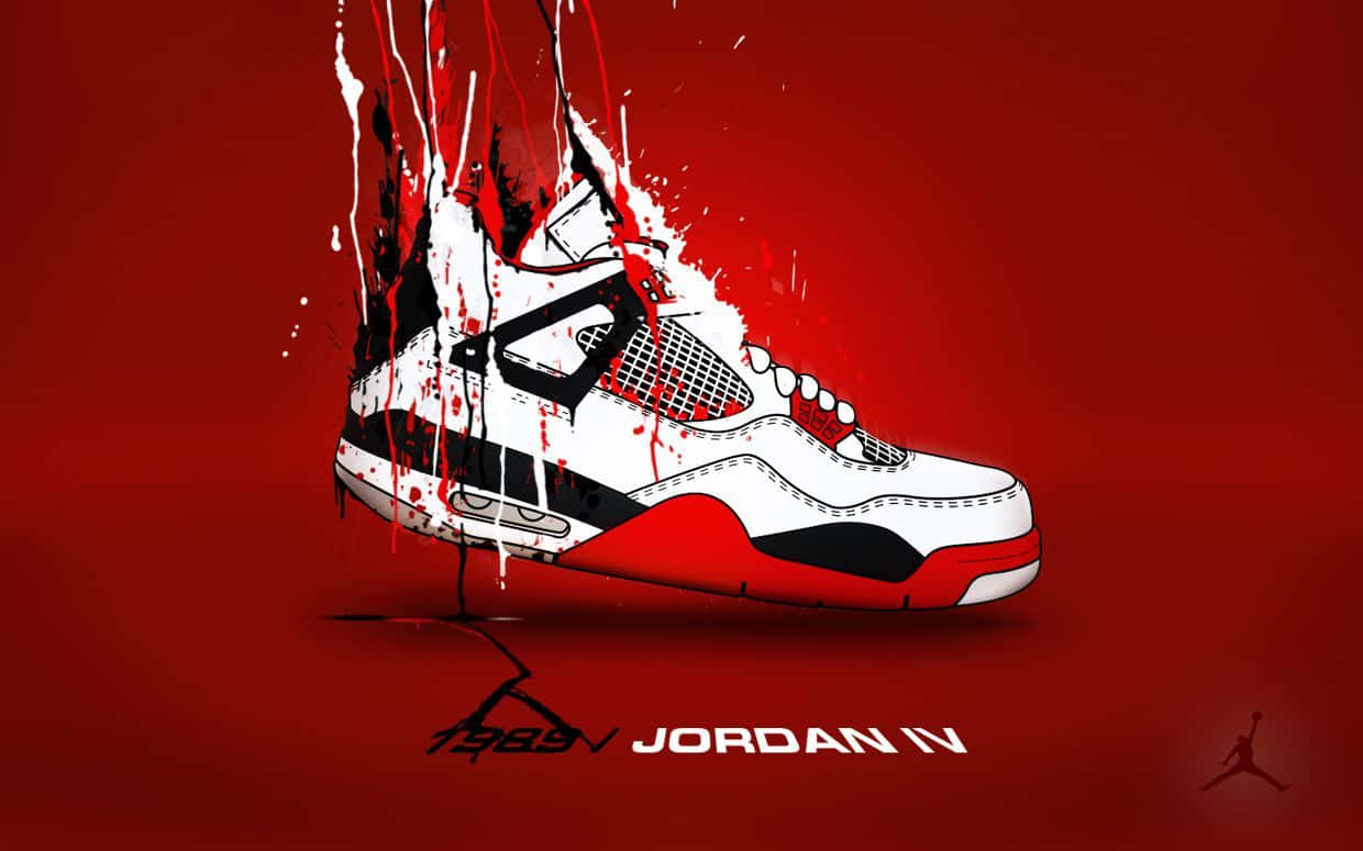 一雙白色和紅色的Jordan IV運動鞋，在紅色背景上有油漆飛濺。 — 鞋子 GIF 壁紙