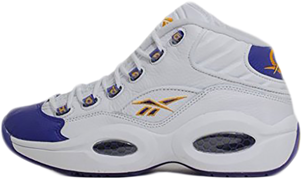 Reebok 桌布 壁紙 — 一雙白色和紫色的高筒籃球鞋，帶有金色點綴和可見的氣墊，背景為黑色。