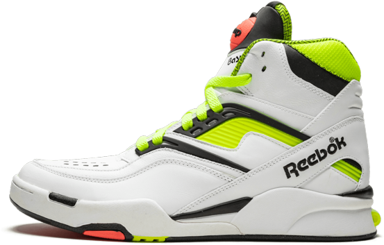 銳步 桌布 壁紙 — 一雙白色高筒Reebok運動鞋，帶有螢光綠色和黑色點綴，襯托在純黑色背景上。
