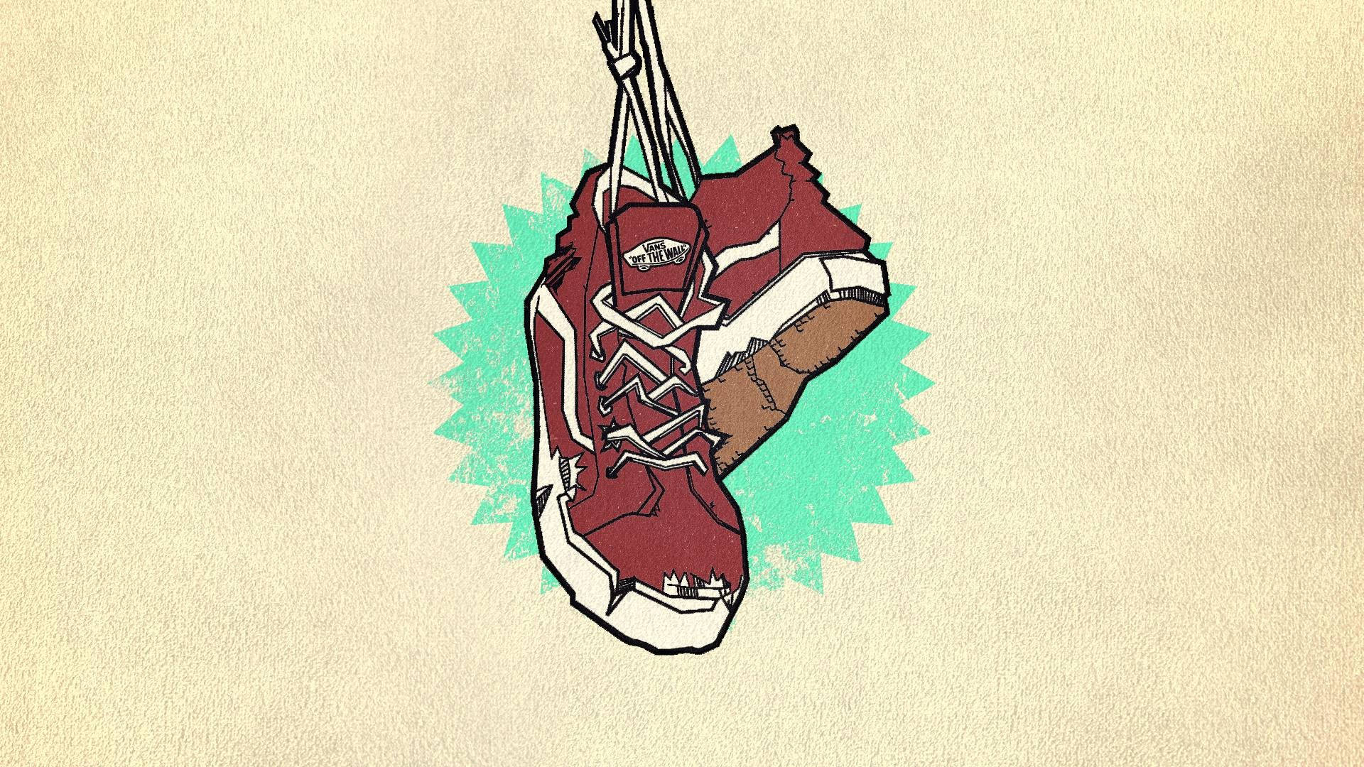 Vans Off The Wall 桌布 壁紙 — 一雙破舊的紅色運動鞋掛在鞋帶上，背景是帶紋理的米色，後面有青綠色的星爆圖案。