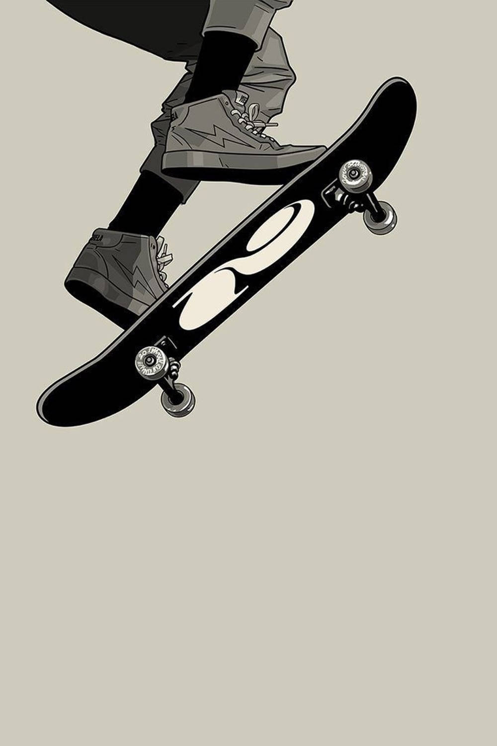 skate 桌布 壁紙 — 一雙穿著運動鞋的腳在半空中，下方是帶有白色圖案的黑色滑板，背景為柔和米色。