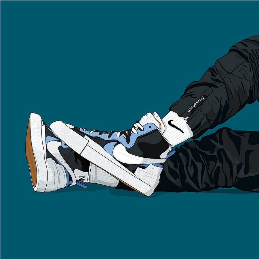 Air Jordan 桌布 壁紙 — 一雙穿著黑白藍色運動鞋和黑色褲子的腳的風格化插圖，背景為純青色。