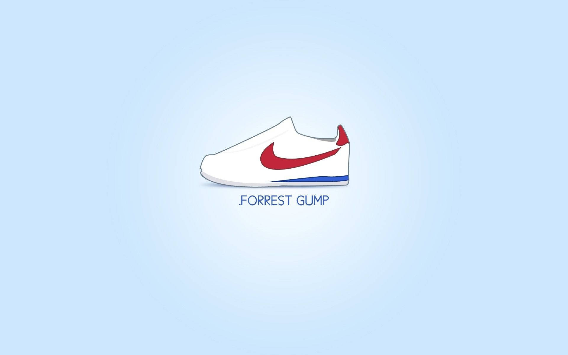 forrest 桌布 壁紙 — 一雙簡約白色運動鞋，帶紅色勾勾和藍色鞋底，置於柔和藍色漸變背景中央，下方有文字。