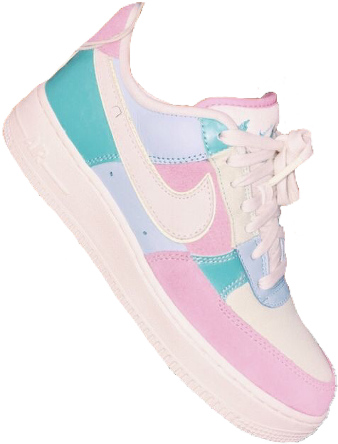 Nike 桌布 壁紙 — 一雙粉彩色的Nike運動鞋，帶有粉紅色、藍綠色和淺藍色面板，背景為黑色。