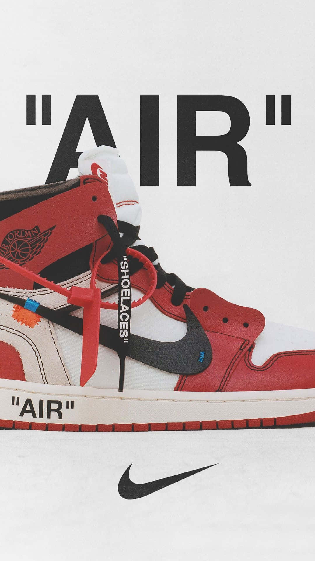 鞋子 桌布 壁紙 — 一雙紅、白、黑色的 Air Jordan 1 運動鞋，帶有 'AIR' 文字和 Off White 品牌標誌，背景簡潔。