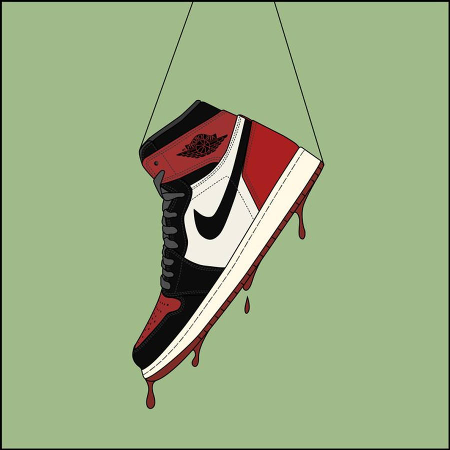 Nike Air Jordan 1 桌布 壁紙 — 一雙紅、黑、白色的運動鞋用繩子懸掛，鞋底滴下紅色液體，背景是柔和的綠色。