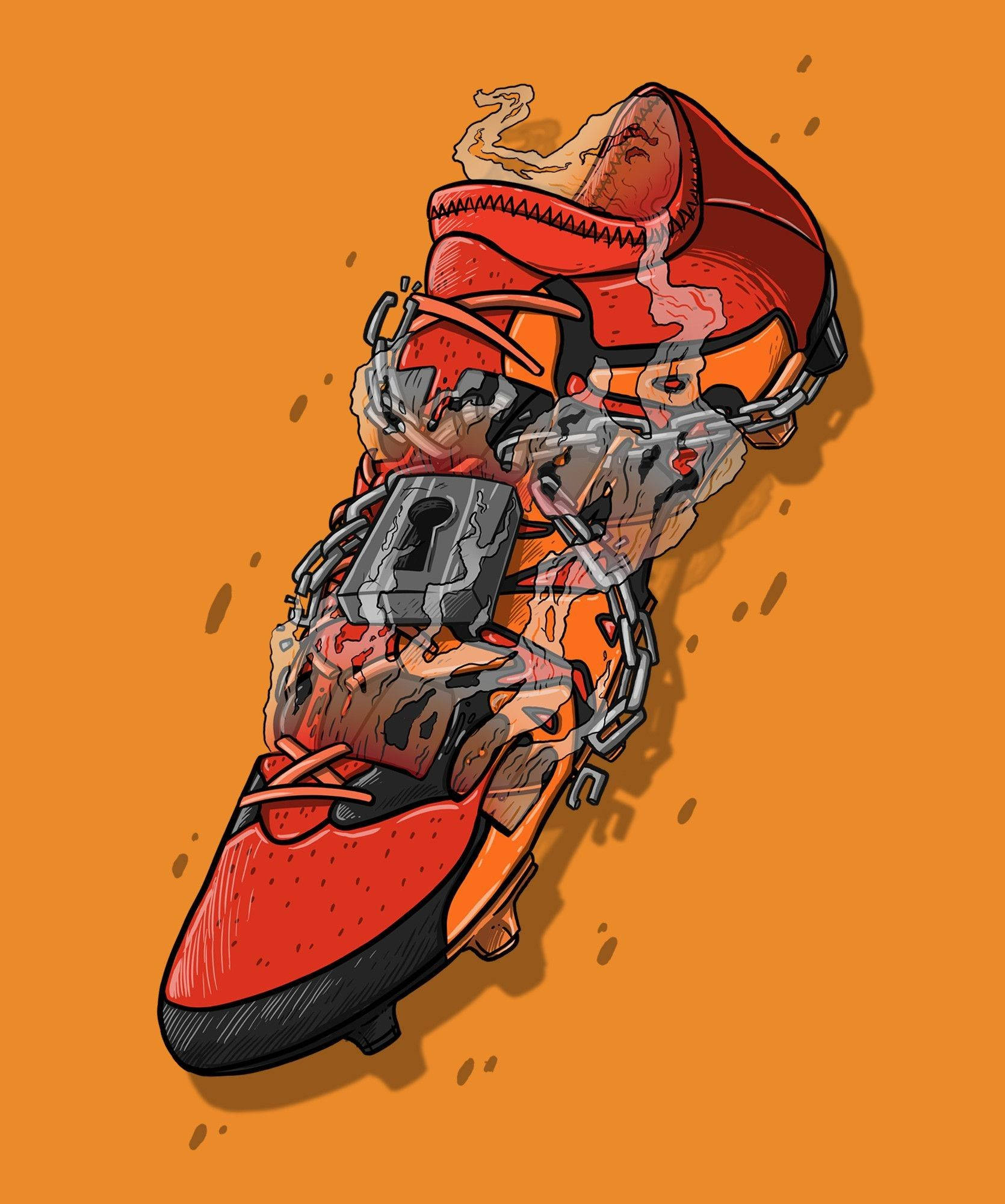 Sneaker 桌布 壁紙 — 一雙紅橙色運動鞋被鎖鏈鎖住，鞋面冒煙，背景為純橙色。