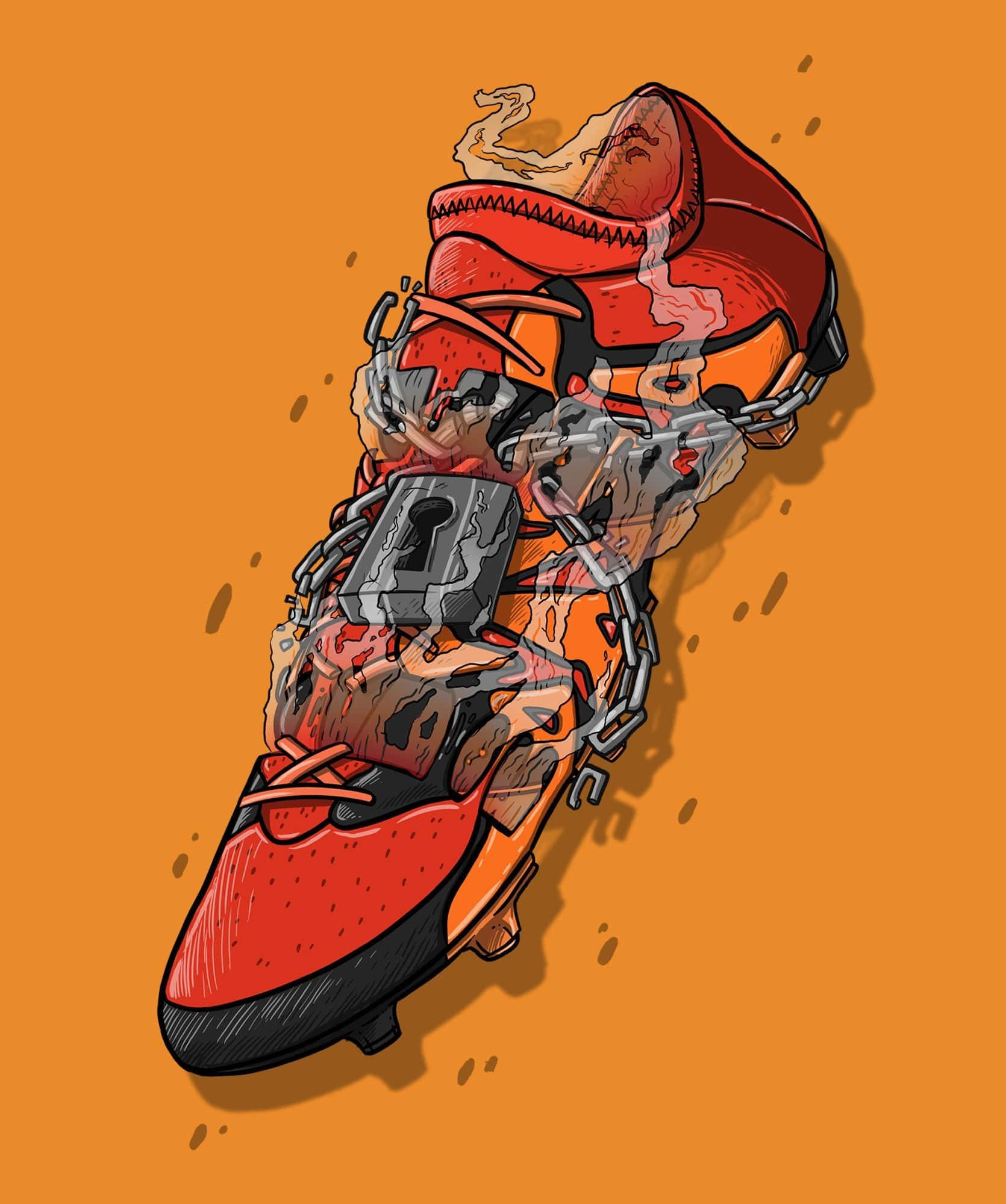 Sneakers 桌布 壁紙 — 一雙紅橙色運動鞋被鎖鏈鎖住並融化，煙霧從鞋面升起，背景為純橙色。