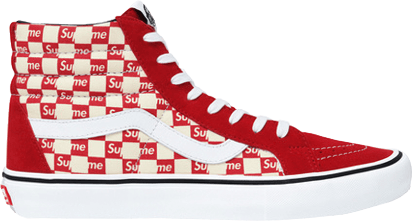 supreme 桌布 壁紙 — 一雙紅白 Supreme 格紋高筒運動鞋，配有白色鞋帶和黑色飾邊，背景為柔和青綠色。
