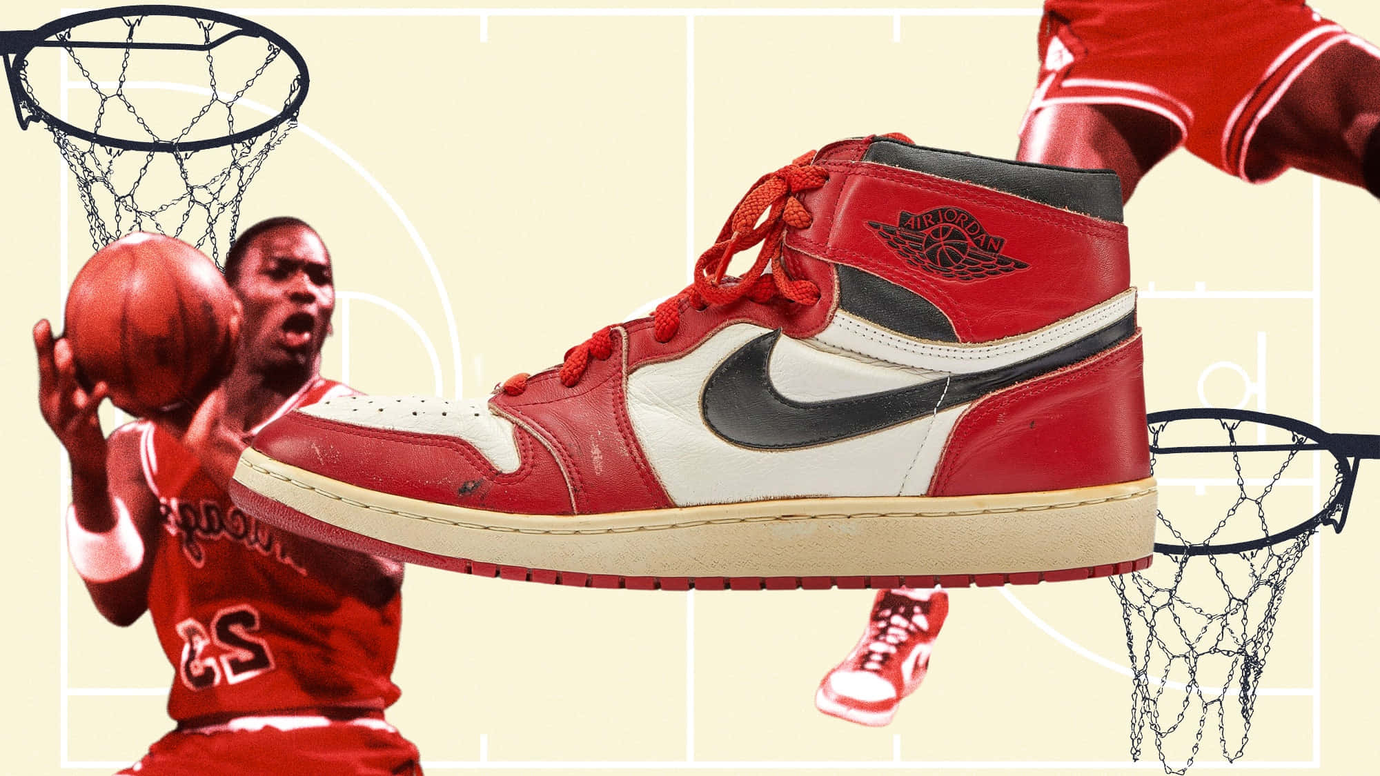 Jordan 桌布 壁紙 — 一雙紅白Air Jordan 1球鞋主導了一幅拼貼畫，畫中麥可喬丹正在籃球場上灌籃。