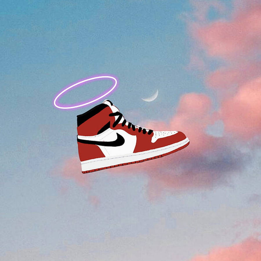 Nike Air Jordan 1 桌布 壁紙 — 一雙紅白相間的運動鞋漂浮在粉彩色的天空中，背後有紫色光環和彎月。
