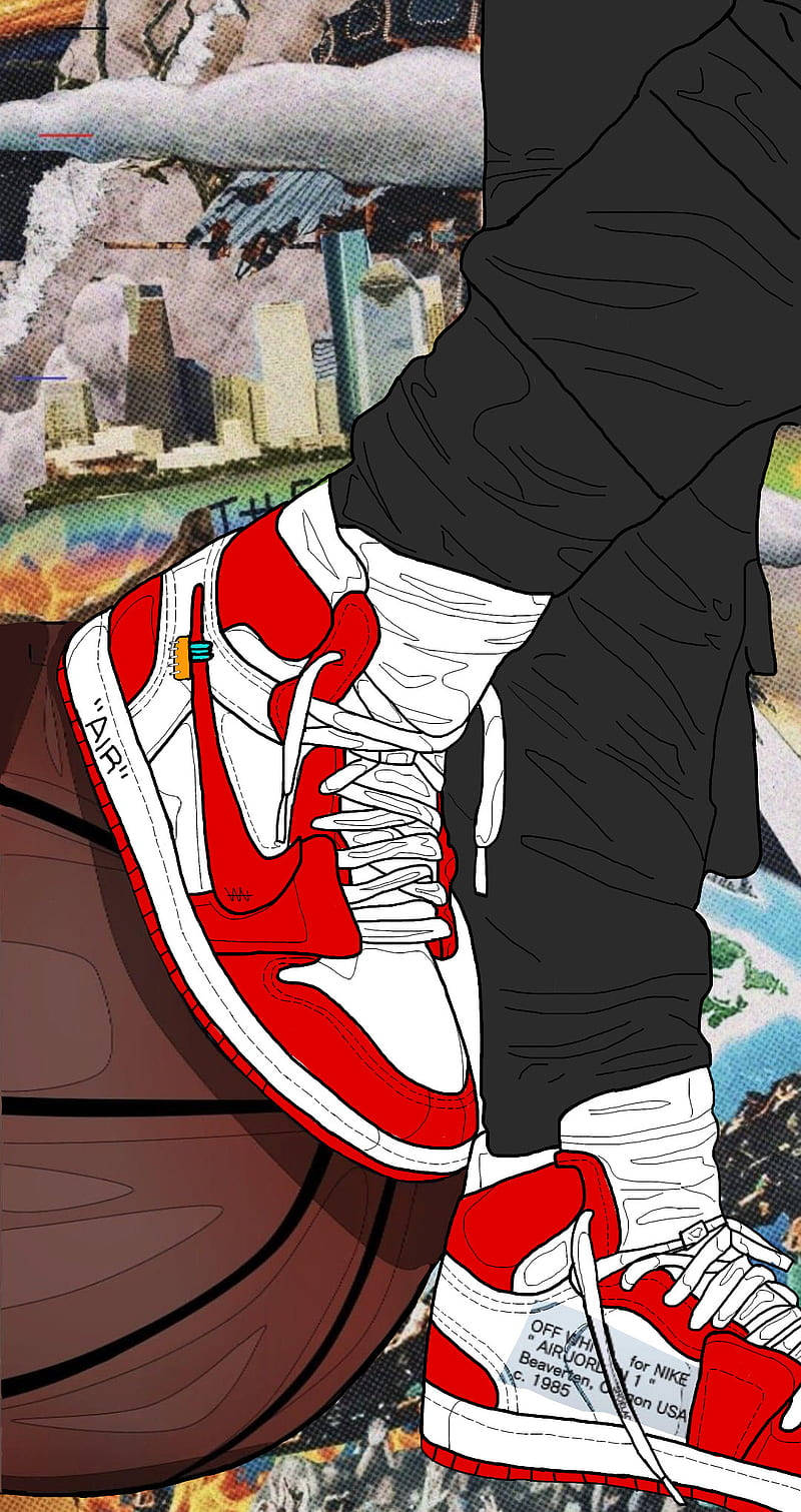 Nike Air Jordan 1 桌布 壁紙 — 一雙紅白運動鞋放在籃球上的風格化插圖，背景是充滿活力的拼貼畫。