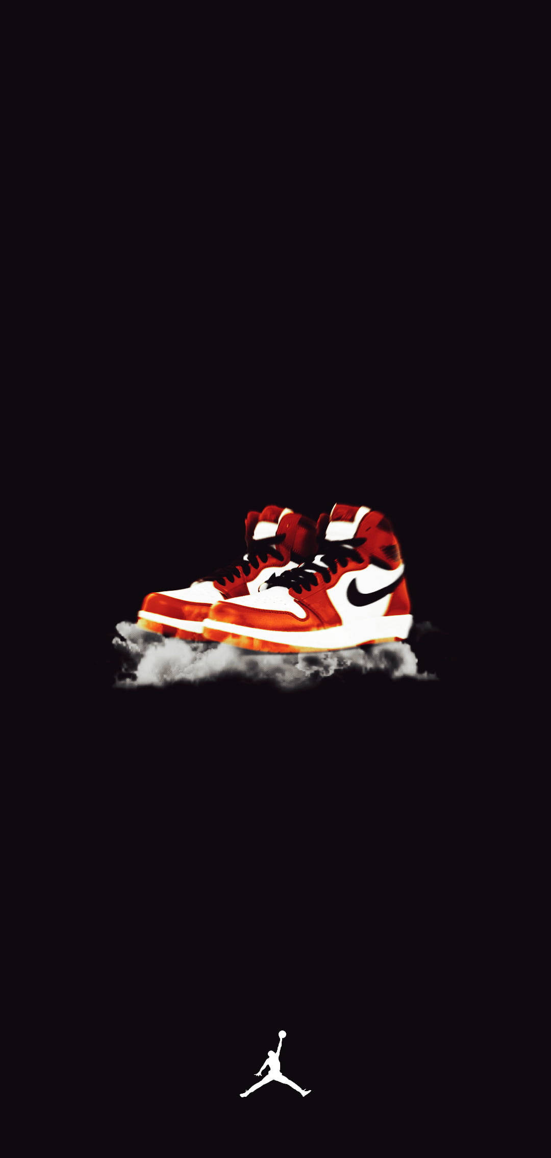 鞋子 桌布 壁紙 — 一雙紅白配色的 Air Jordan 1 運動鞋漂浮在雲層上，黑色背景，下方有白色 Jumpman 標誌。