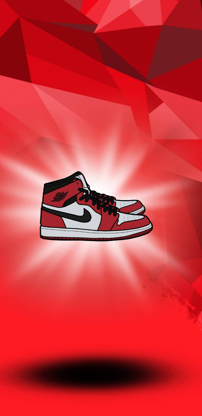 Nike Air Jordan 1 桌布 壁紙 — 一雙紅白高筒運動鞋在鮮紅色幾何背景上散發出耀眼的光芒。
