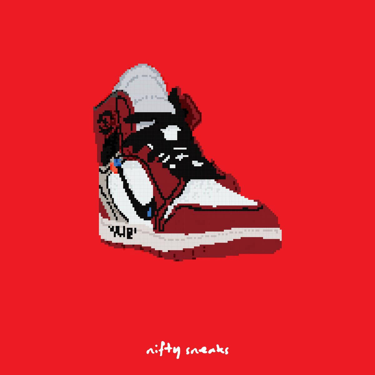 Nike 桌布 壁紙 — 一雙紅白黑的像素藝術運動鞋在純紅色背景上大膽站立，下方有「nifty sneaks」文字。
